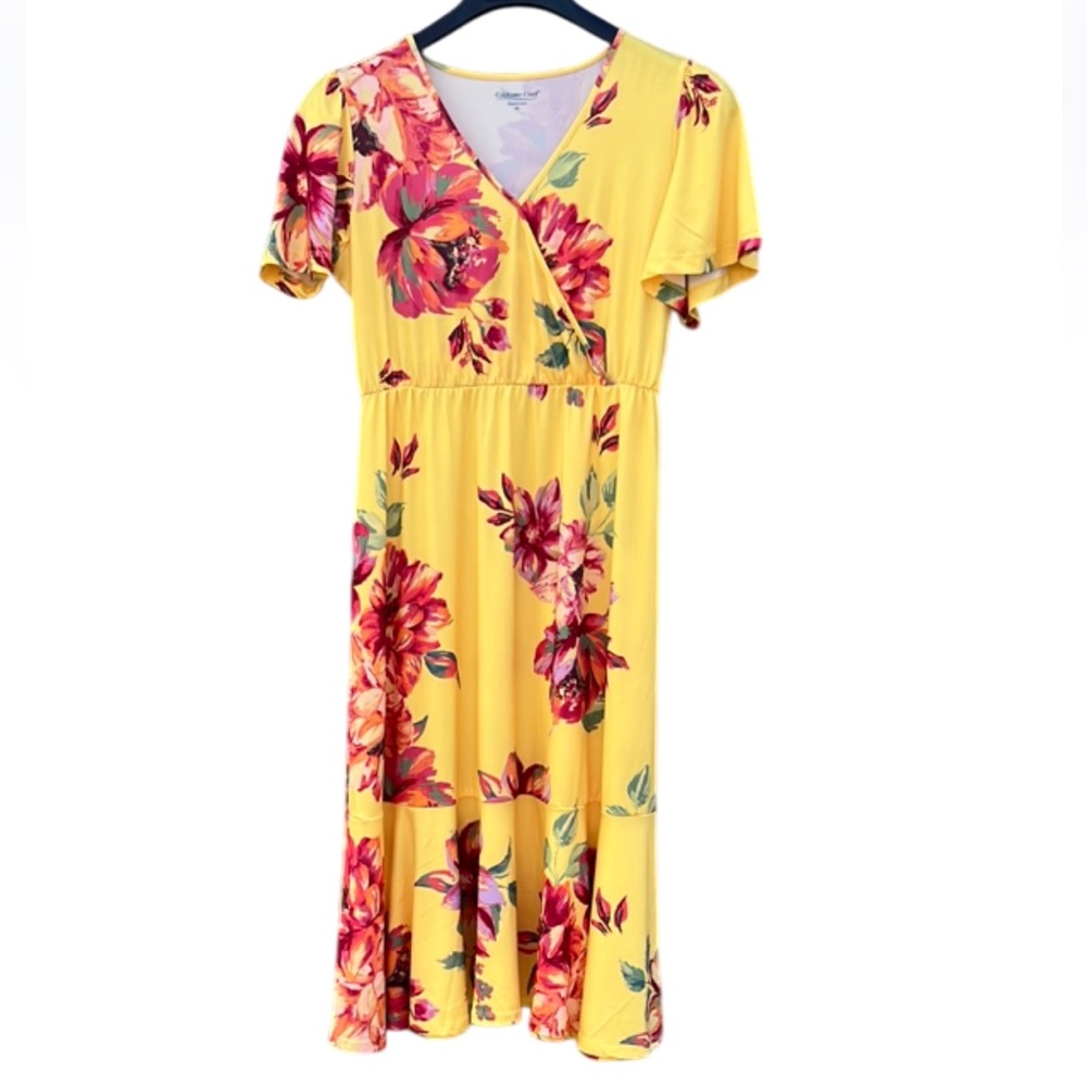 Coldwater Creek Floral Vibrant Yellow Dress Petite Small Beach Wedding Vacation